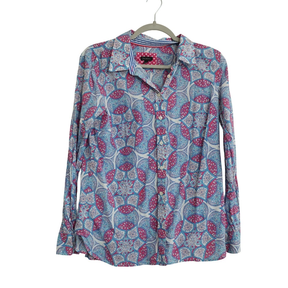 Talbots Size Medium Pink Paisley 100% Cotton Button Down Shirt Feminine Casual